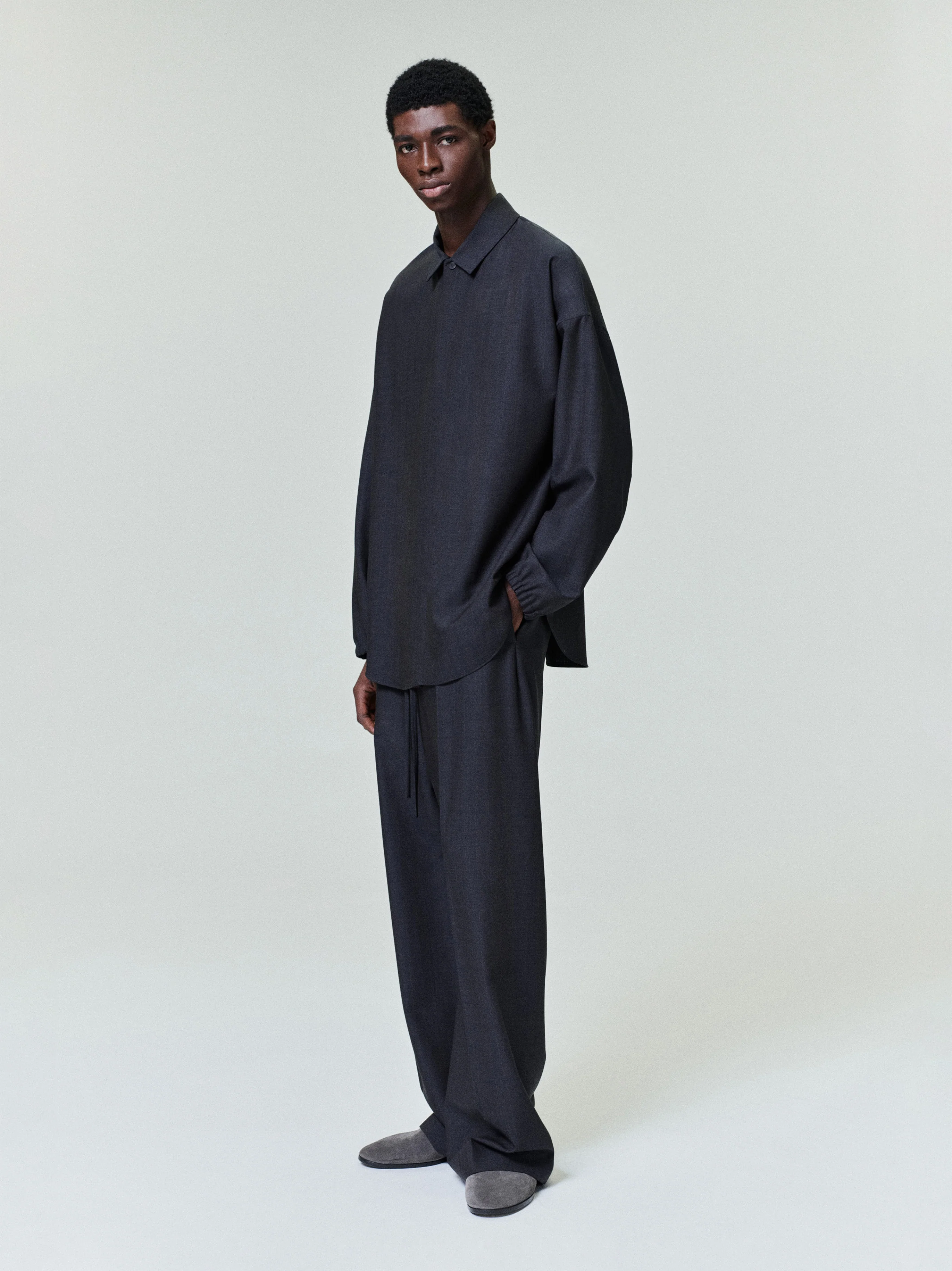 Grey Striped Wool Wide Leg Drawstring Pants